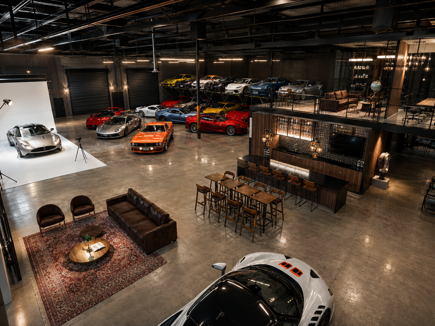 Red Ferraris displayed on lifts inside Trilogy Garage